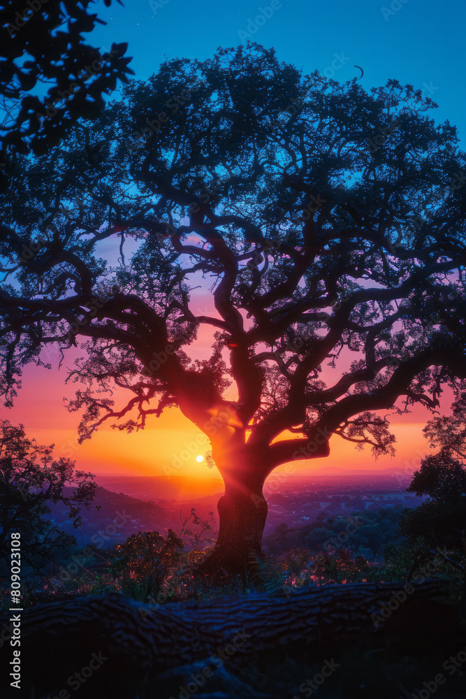 Obraz premium Sunset through the branches of an old oak, sky in a gradient from soft lavender to dark blue,