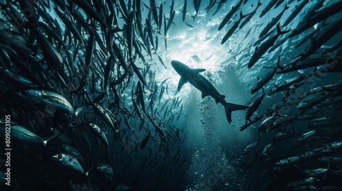 shark swimming surrounded by fish or sardines in the sea in high resolution and high quality