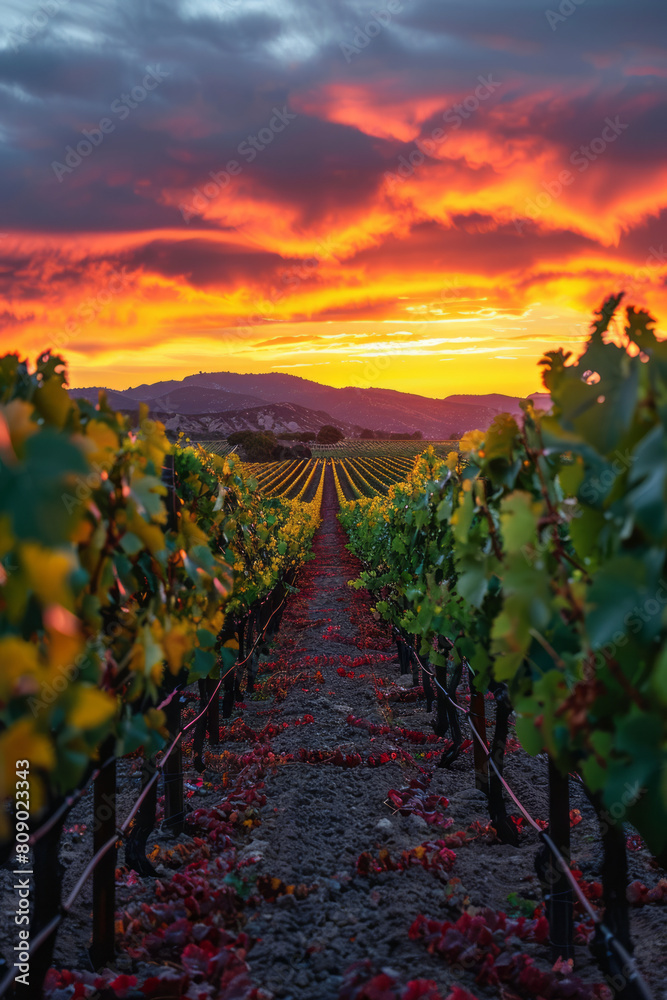 Sunset in a vineyard with rows of grapevines silhouetted against a sky of blending oranges and purples,