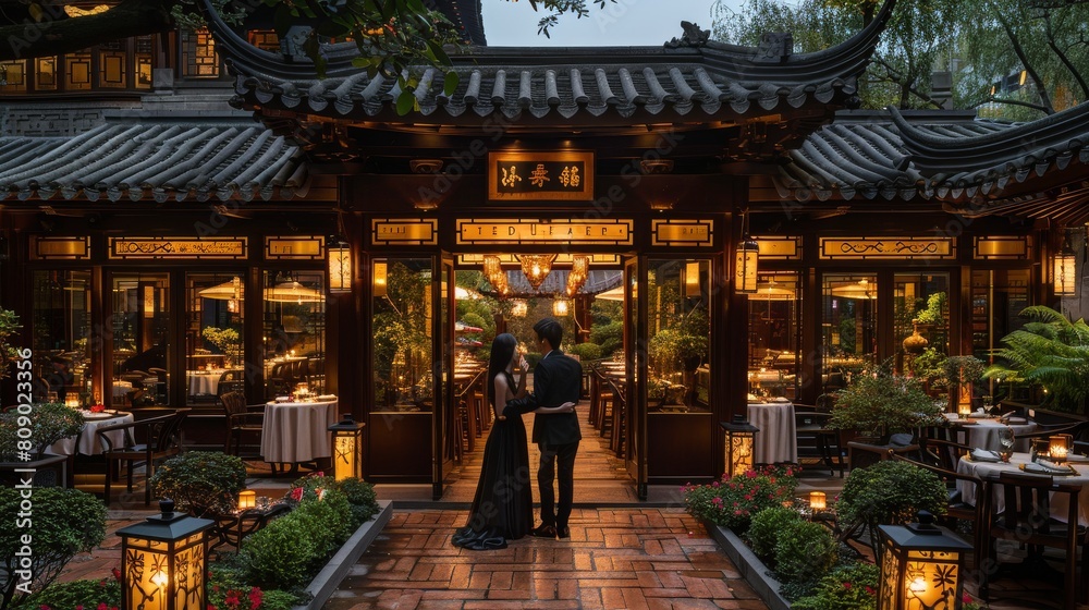 Man and Woman Standing in Front of a Restaurant