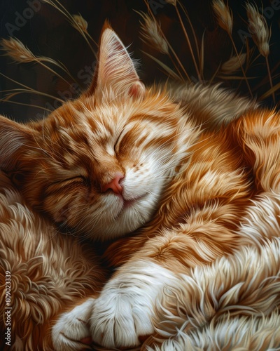Close-up of a pet at rest, showcasing its peaceful demeanor and the subtle play of light and shadow over its form, unique hyper-realistic illustrations © รันนี่ เจอนั่น Mm