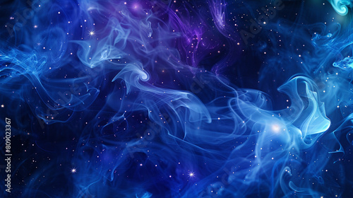 Smoke swirling in a cosmic dance of deep blues and purples, punctuated with flecks of star-like white. © Anita