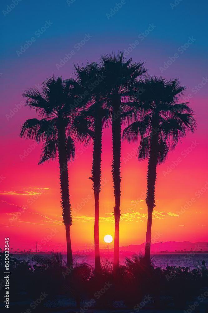 Silhouette of palm trees against a tropical sunset, colors blending from warm yellow to rich magenta,