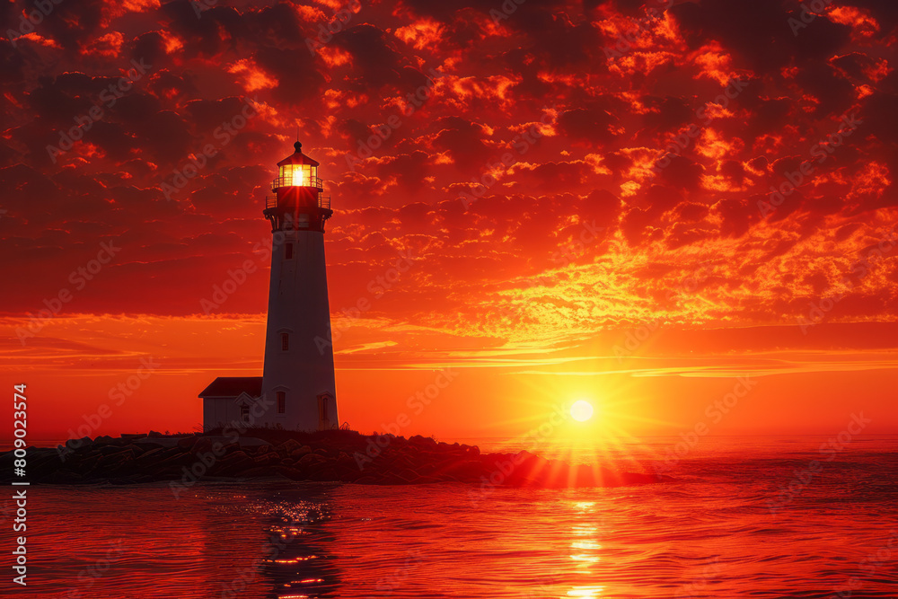 Coastal scene with a lighthouse silhouette, sun setting in a dazzling display of reds and yellows,