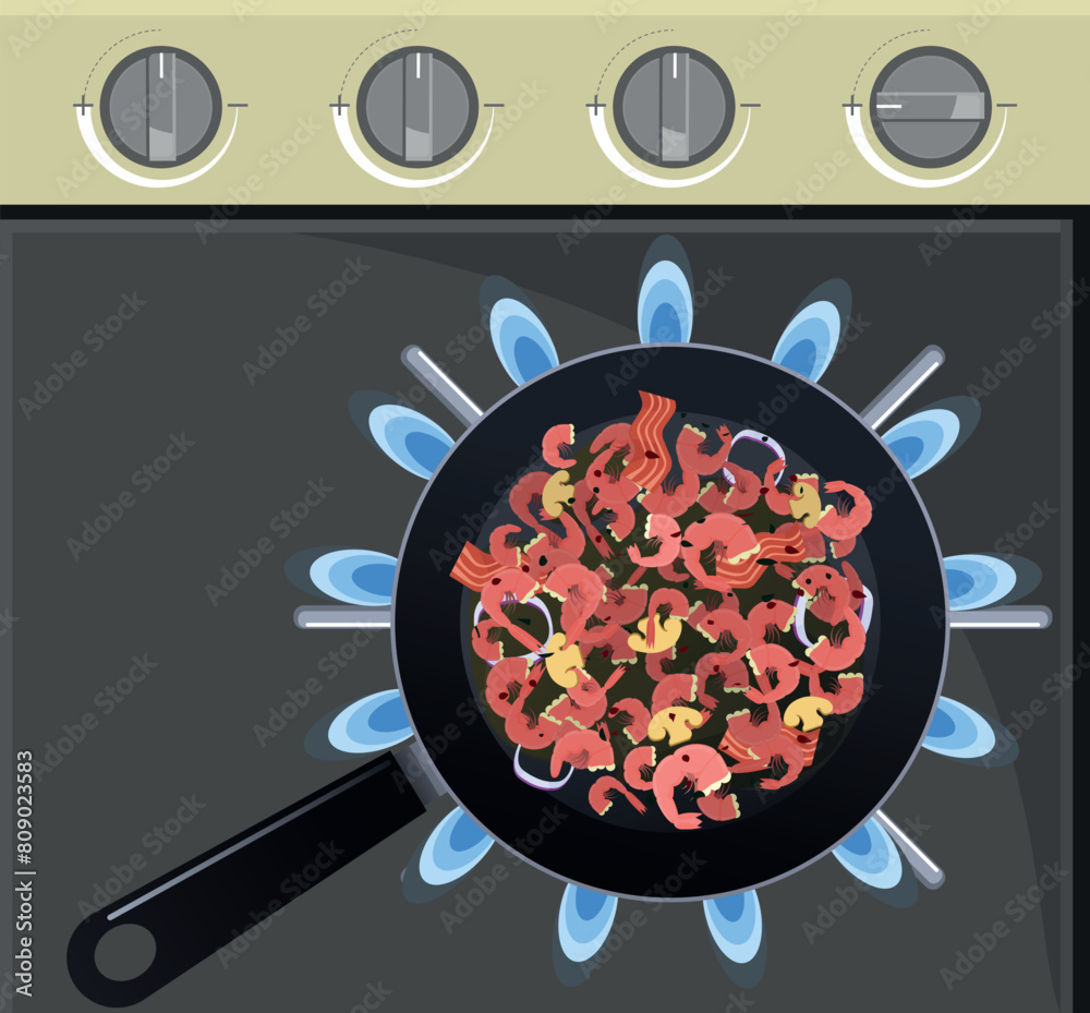 porção de camarão sendo preparada numa frigideira, com temperos, bacon , cebola e cogumelos - fogão de 4 bocas