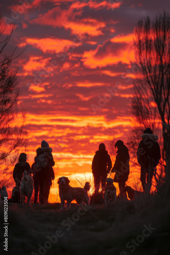 Urban park at sunset, silhouette of people and dogs against a backdrop of stunning orange and pink skies,