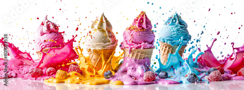 Colorful splashes from melting ice cream cones isolated on transparent background png photo