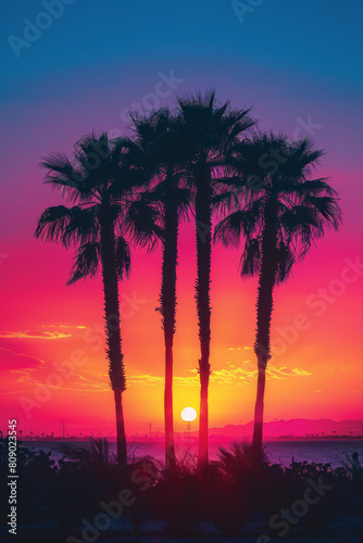 Silhouette of palm trees against a tropical sunset, colors blending from warm yellow to rich magenta,