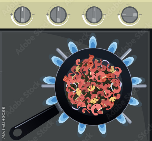 porção de camarão sendo preparada numa frigideira, com temperos, bacon , cebola e cogumelos - fogão de 4 bocas