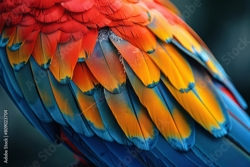 A close-up of an exotic bird's feather, detailed with tropical patterns and bright colors. © Natalia
