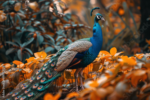 A scene of a peacock with a spectacular tail of leaves and tropical flowers instead of feathers, photo