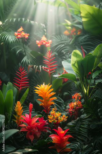 A surrealistic view of a tropical forest with abstract shapes and vivid  unnatural colors 