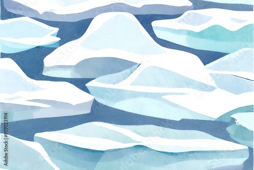 Watercolor melting icebergs in the Arctic or Antarctic background  Melting Icebergs