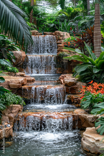 A waterfall cascading over stylized rocks surrounded by lush  vibrant plants 