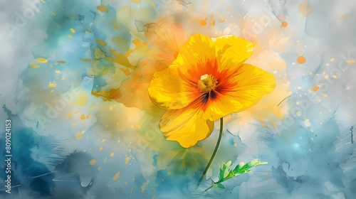 Watercolor Yellow Poppy Flower Abstract Art Splash Painting