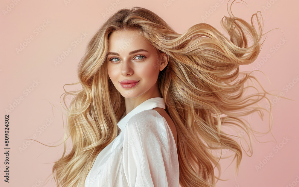 A beautiful woman with long blonde hair in the style of hair extensions ...
