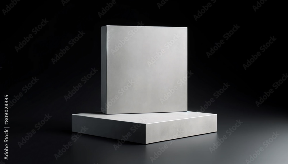 Close up of square concrete display podium isolated on dark background, simple minimal design concrete platform podium for tech product showcase, men product, sports tough product display. Close up of square concrete display podium isolated on dark background, simple minimal design concrete platform podium for tech product showcase, men product, sports tough product display.