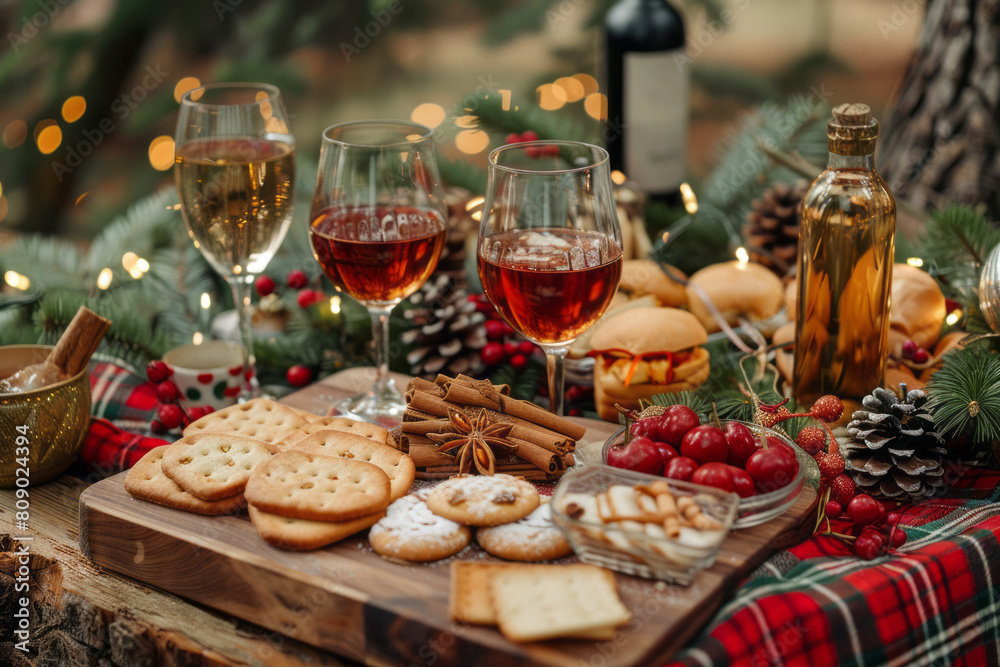 Festive holiday picnic with a red and green plaid blanket, seasonal treats, and warm mulled wine,