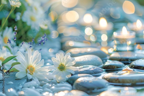 Serene garden setting with smooth spa stones  water trickling down  surrounded by candles and blooming flowers.