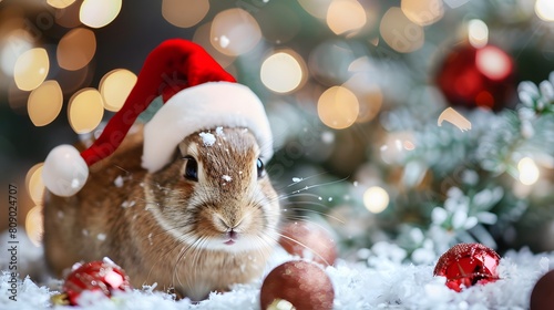 Rabbit in Santa Hat on Christmas Background