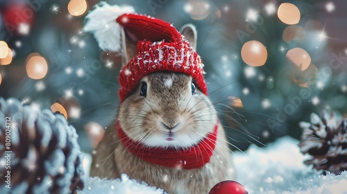 Rabbit in Christmas Hat and Scarf on Festive Background