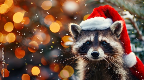 Raccoon in Santa Hat on Christmas Background