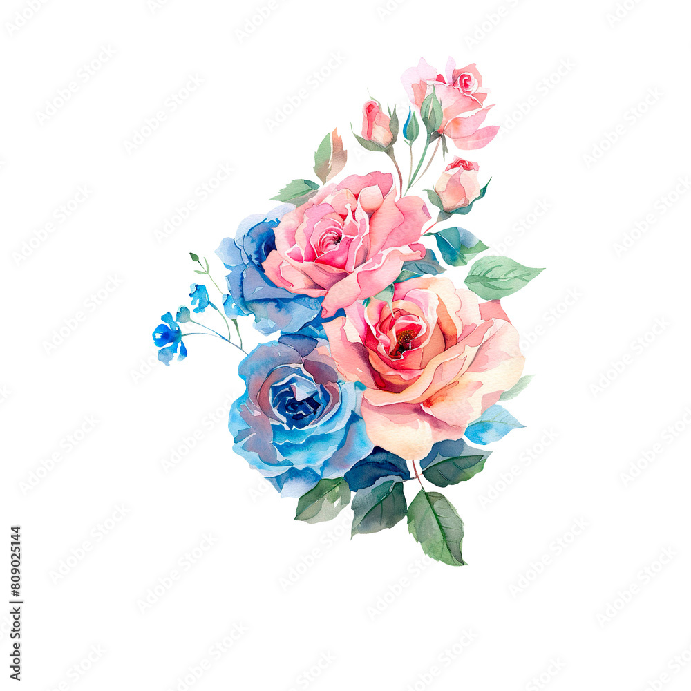 watercolor clipart with a bouquet of pink and blue roses and leaves watercolor clipart with a bouquet of pink and blue roses and leaves