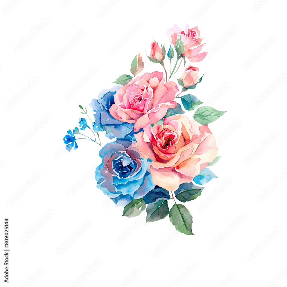 watercolor clipart with a bouquet of pink and blue roses and leaves