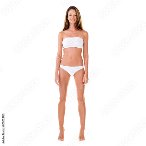 Studio, confidence and portrait of girl in underwear with healthy body, lose weight and mockup space. Fashion, fitness results and happy woman with wellness, diet and isolated on white background.
