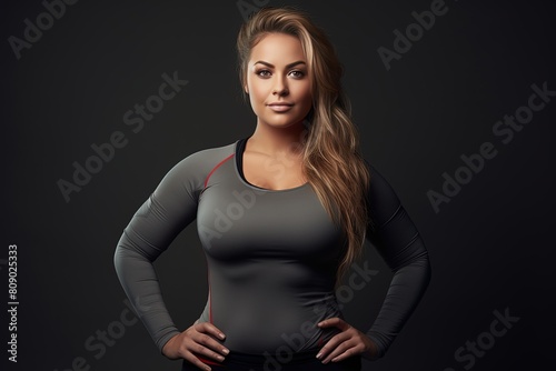 Portrait of a gorgeous plump sportswoman in a sports uniform. She smiles and looks into the camera.