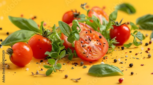 Fresh Cherry Tomatoes with Basil and Herbs on Yellow Background