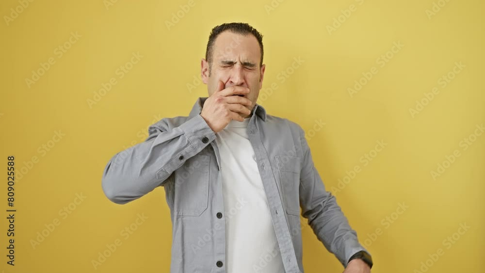 Attractive young hispanic man in shirt, yawning from boredom and sleepiness, hand over mouth. tired, standing isolated on yellow background, lazing around in morning's yawning fatigue Attractive young hispanic man in shirt, yawning from boredom and sleepiness, hand over mouth. tired, standing isolated on yellow background, lazing around in morning's yawning fatigue