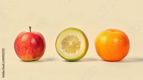 Apple Lemon Orange Isolated on Beige Background