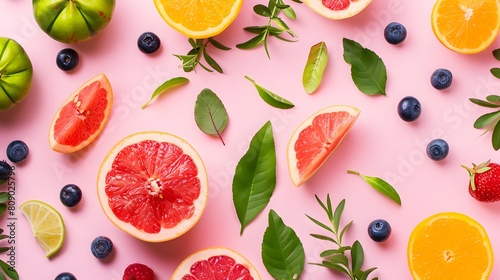 Fruits and Leaves Pattern on a Pink Background