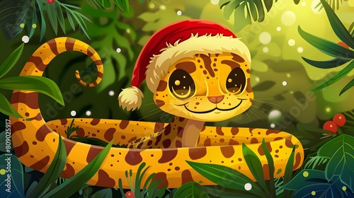 Cartoon Leopard Snake with Santa Hat in Tropical Christmas Scene