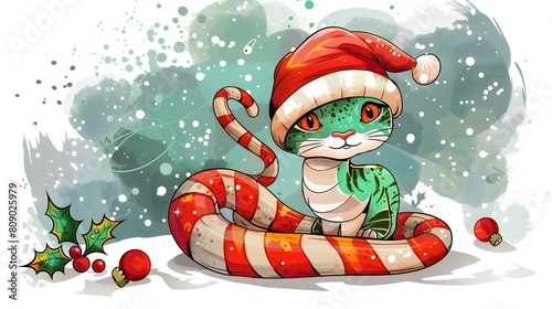 Christmas Cat with Candy Cane Tail and Santa Hat in Snowy Scene
