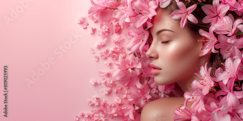 A woman is lying in a bed of pink flowers
