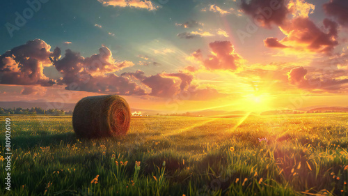 Field with hay bale against sunset background photo