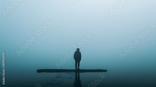 Person Standing Alone on Foggy Shoreline