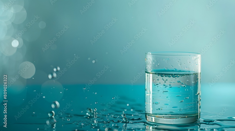 Glass of Water with Splashing Droplets on Turquoise Background Glass of Water with Splashing Droplets on Turquoise Background