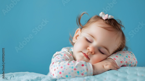 Sleeping Baby Girl with Polka Dot Pajamas on Blue Background