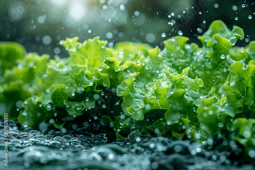 A bunch of green lettuce is being watered
