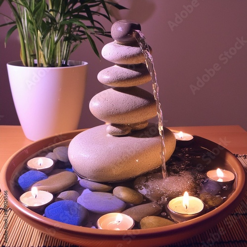 Close view of a small decorative zen water fountain, placed on top of a white wooden table with a few small candles, next to a window and some green plants. photo