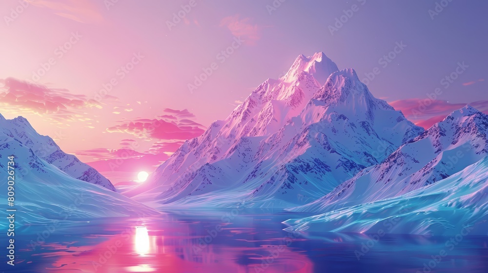 A beautiful landscape of a snow-capped mountain range at sunset