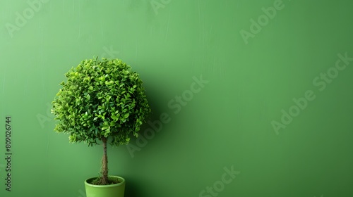 Potted Green Plant Against Solid Green Wall