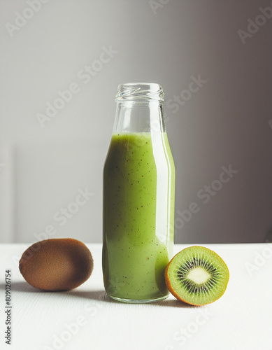 Glass bottle of delicious smoothie with kiwi. Fresh juice from fresh fruit. Tasty, healthy beverage