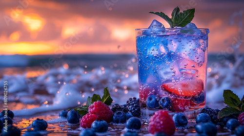 A glass of blueberry and raspberry drink is on a table next to a body of water