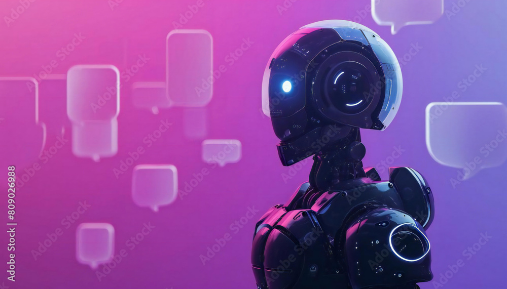 Fototapeta premium Speech bubbles fill the space around the robot with a purple background behind it