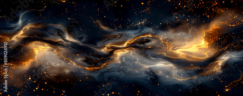 A dark blue and orange swirl of light and dust