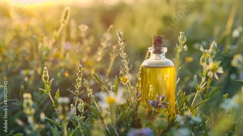 Essential Oil Bottle in Wildflower Field at Sunset